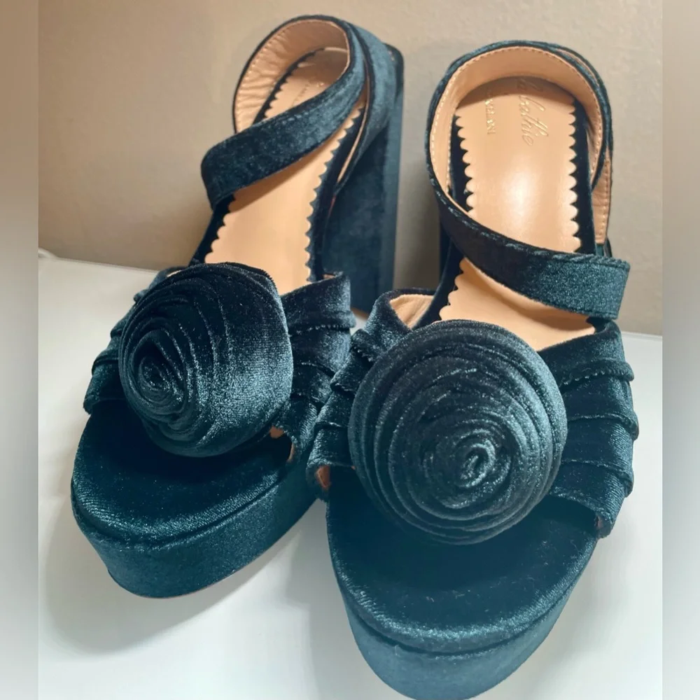 Antonio Melani x Nicola Bathie Emilia Velvet Rose Platform Dress Sandals - NWOB